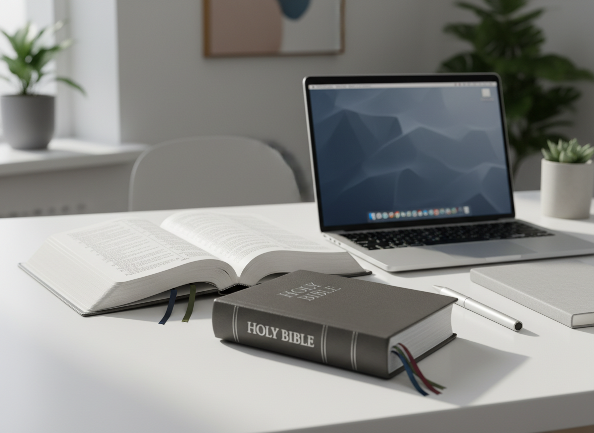 A beautifully bound Bible with a charcoal gray leather cover and subtle silver-foil title lies open on a clean white desk, its thin, slightly translucent pages gently curved. Discreet colored ribbon markers rest between columns of finely printed text. Around it, a neatly arranged laptop with a muted screensaver, a closed notebook, and a pen create a structured, corporate workspace. Soft daylight from an unseen window washes in from the left, casting calm, precise shadows and highlighting the paper’s texture. Shot at eye level with a slight angle, the background is softly blurred, emphasizing clarity and focus. The mood is professional, quiet, and contemplative, with photographic realism and a minimalist, neutral-toned aesthetic suited to a modern Bible study website.
